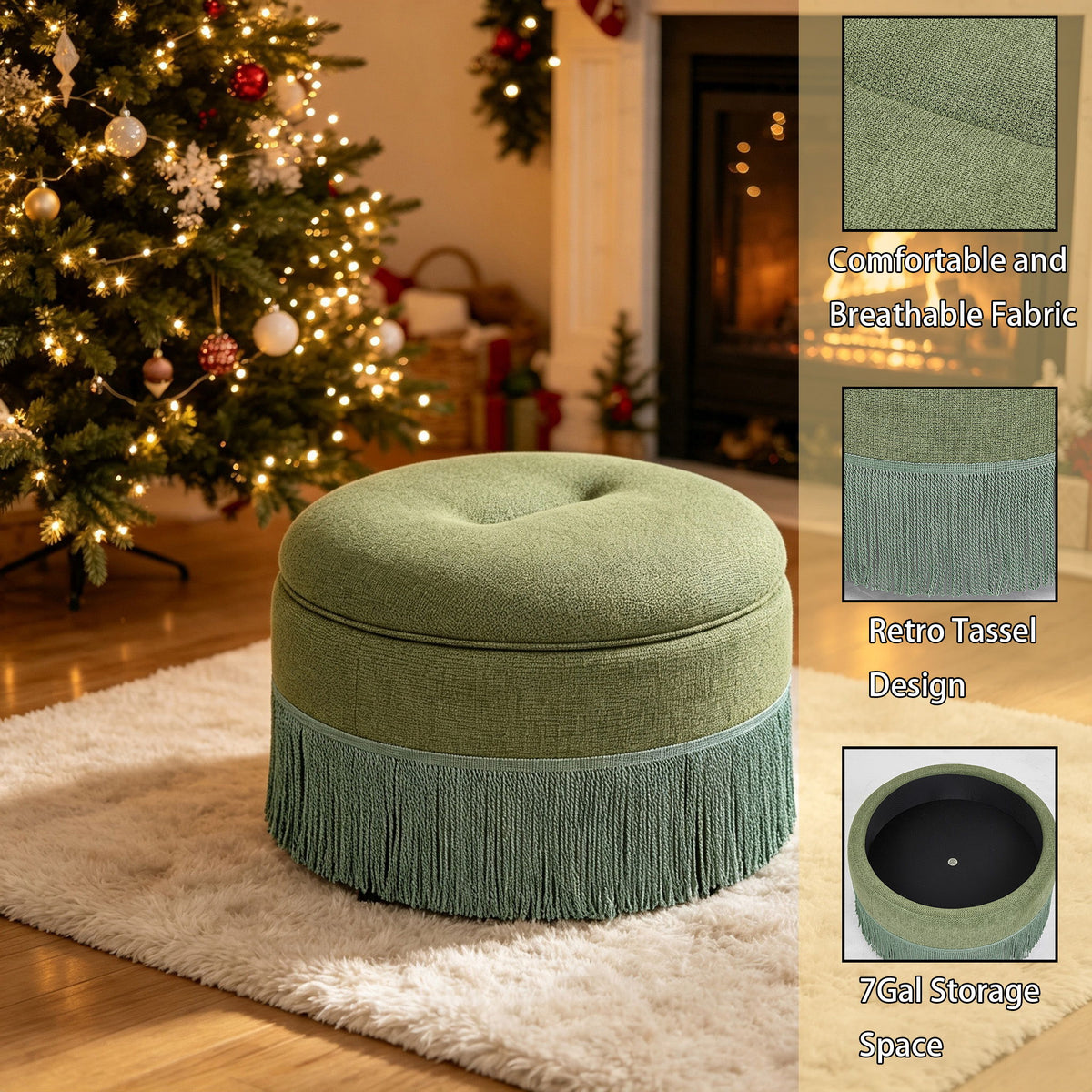 Round Storage Ottoman With Tassel, Decorative Accent Pouf For Living Room