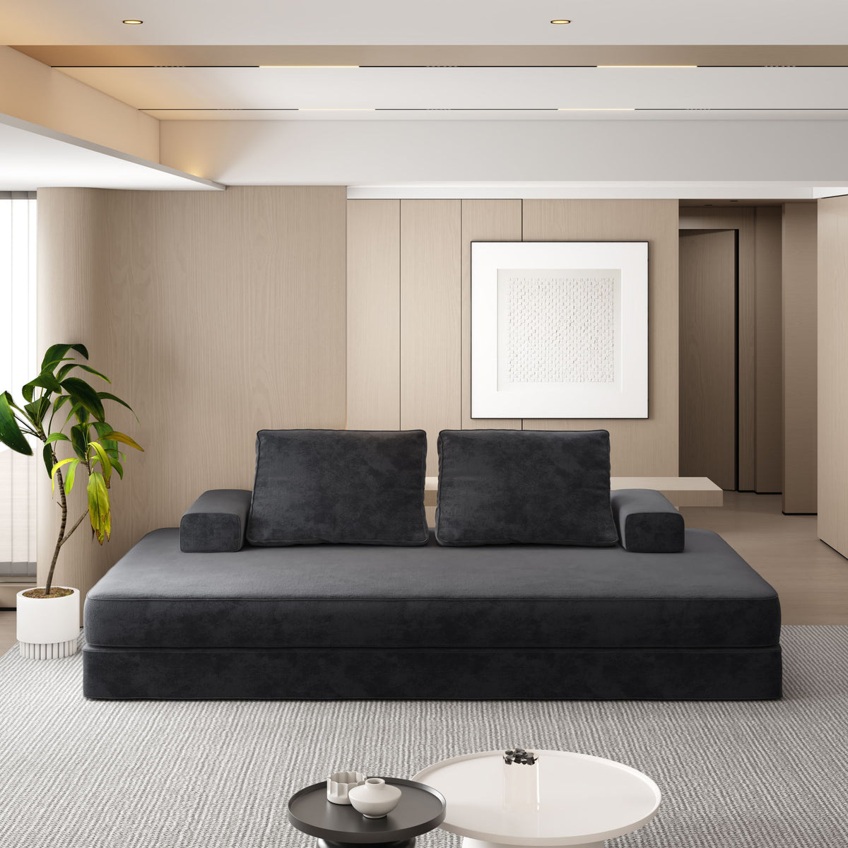 Multifunctional Convertible Sofa Bed With 2 Tumbler Backrests And 2 Pillows, Deep Seat Couch