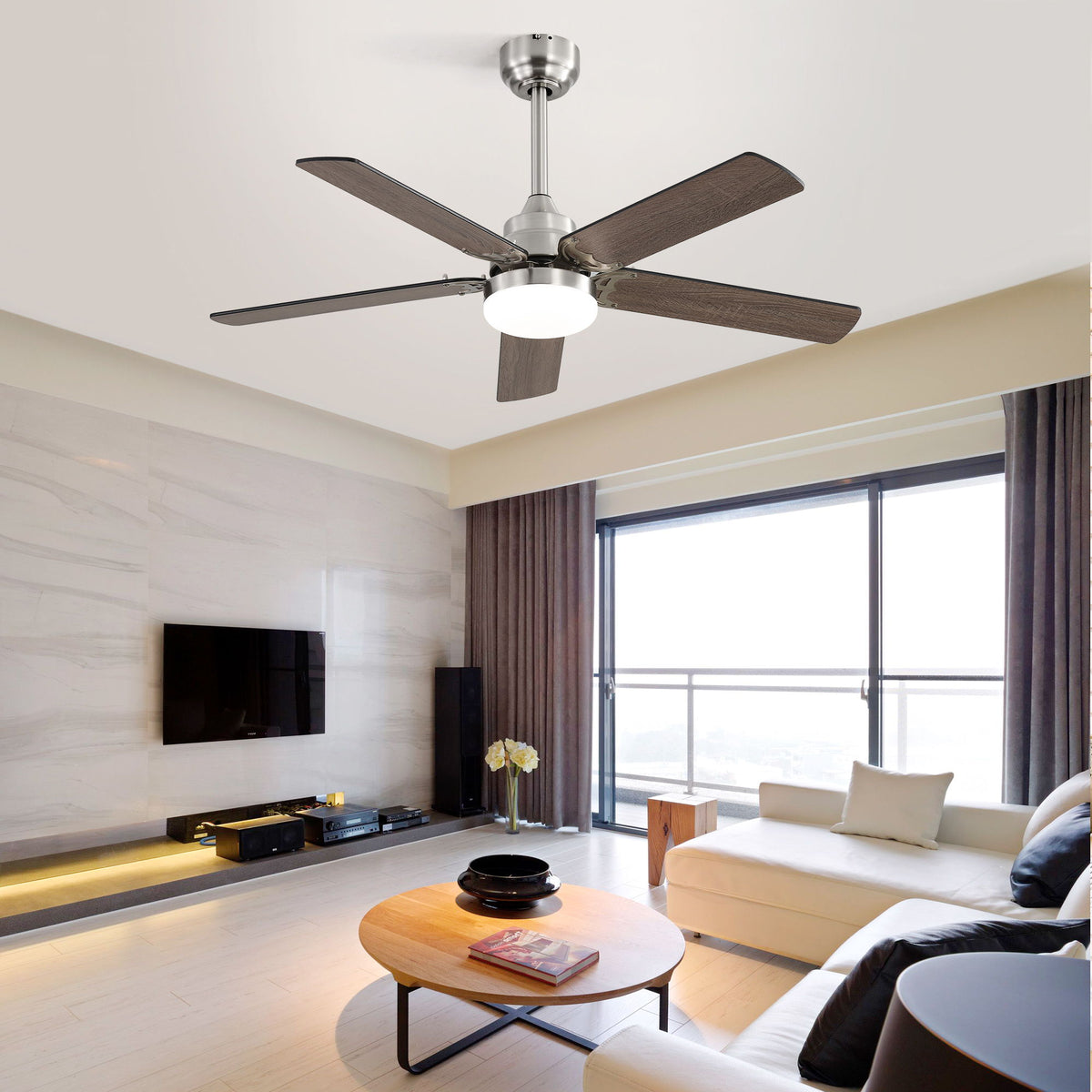 42" Ceiling Fan With Reversible DC Motor, LED Light, 5 Blade Design - Nickel