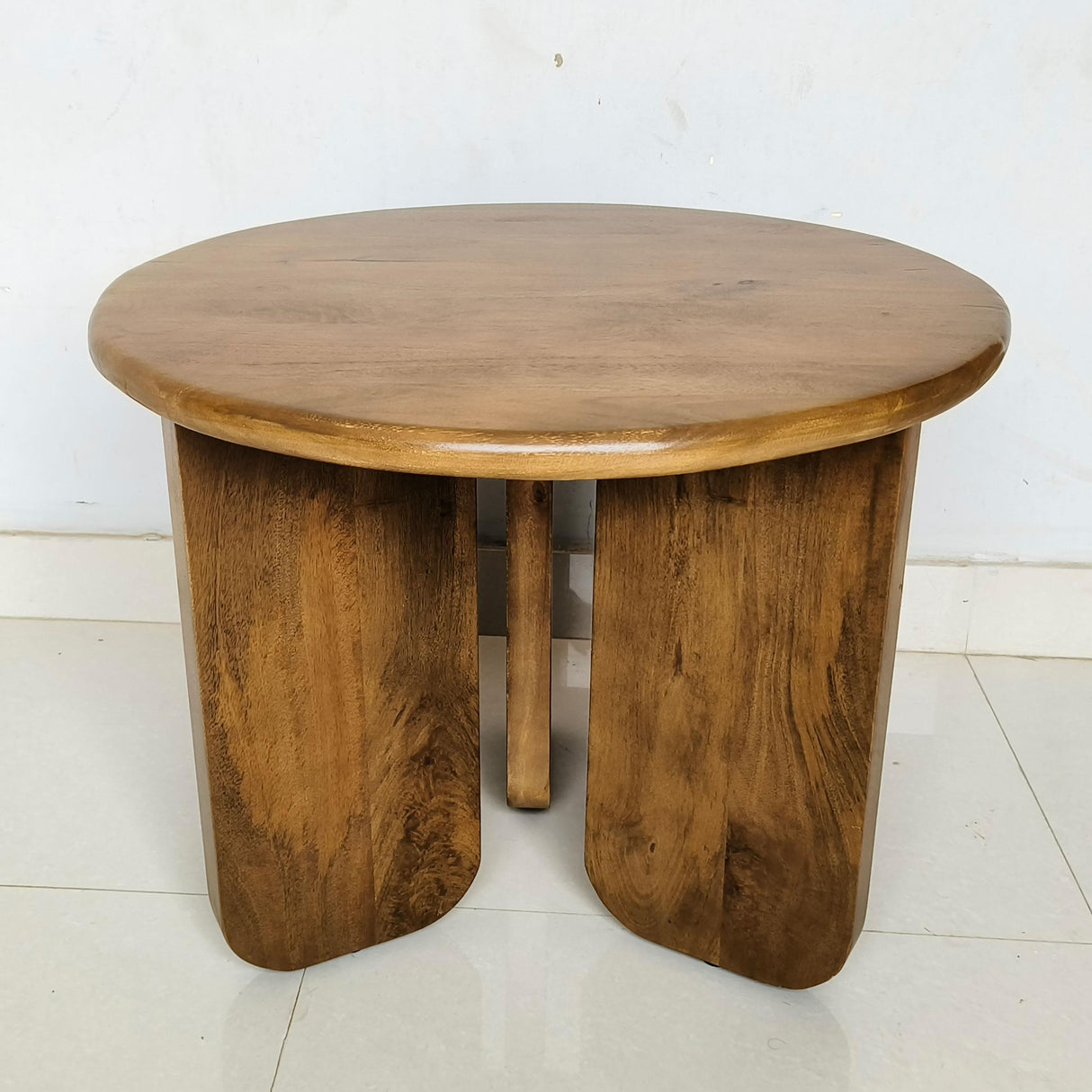 Round Mango Wood End Table in Honey Finish