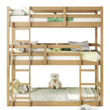 Twin Over Twin Over Twin Triple Bunk Bed With 2 Built In Ladders, Guardrails - Natural