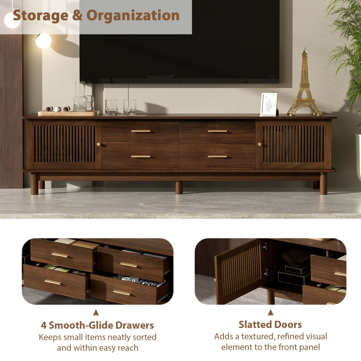 TV Stand For 85" TVs, 4 Smooth Glide Drawers - Walnut