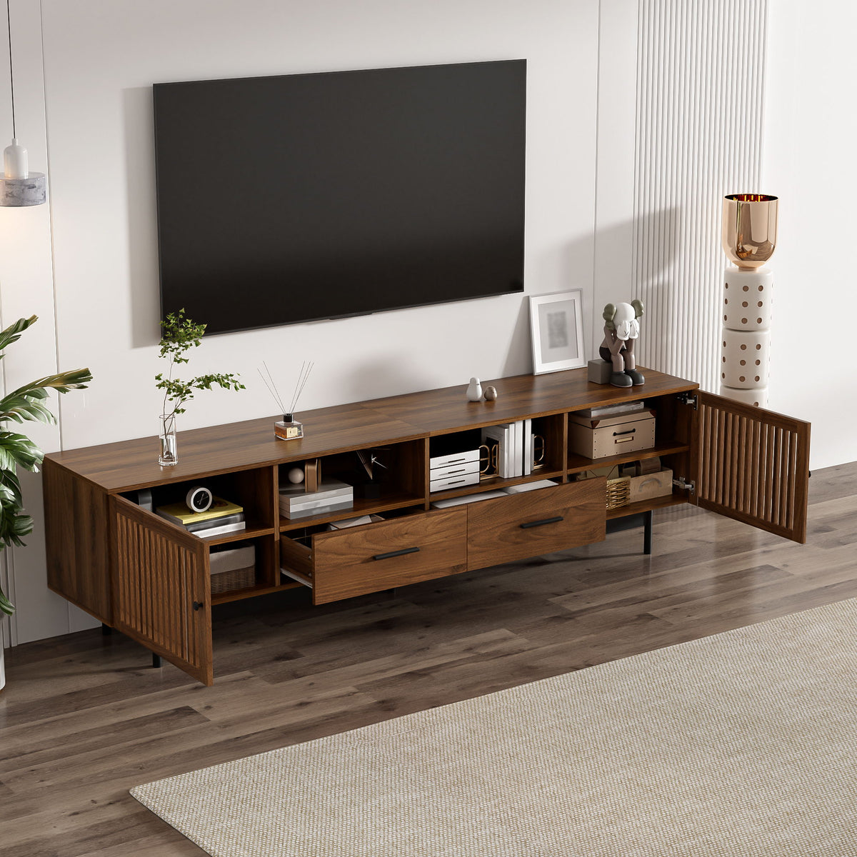 TV Stand, Media Console With 2 Drawers, Soft Closing Slatted Doors, Living Room Entertainment Center - Walnut
