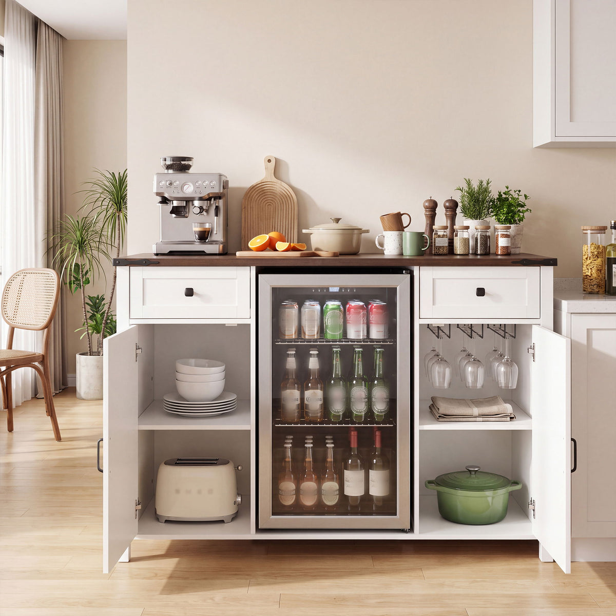 Coffee Bar With Mini Fridge Space & Built In Charging Station, Large Bar Cabinet With Drawers & Adjustable Shelves For Kitchen - White