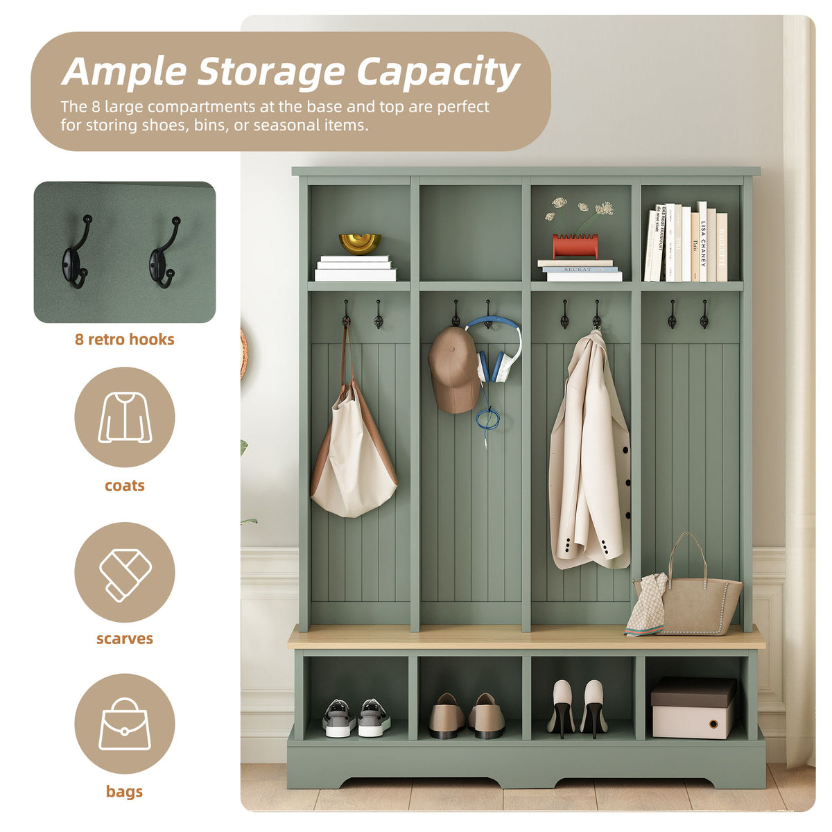 Hall Tree With 8 Hooks, Practical Entryway Bench With Open Compartments