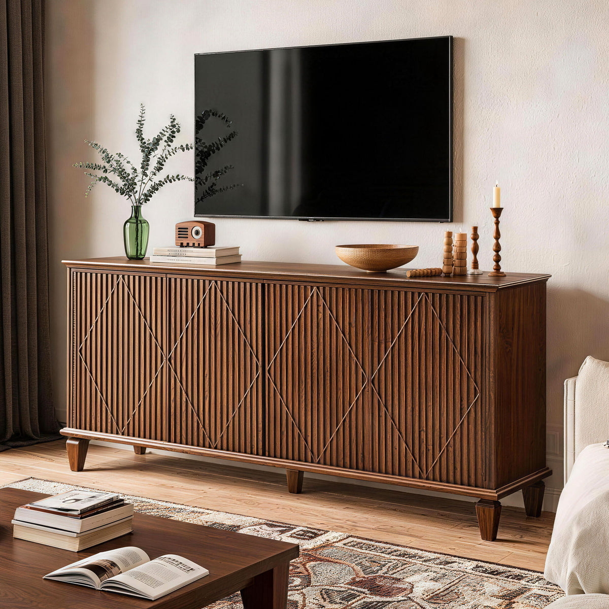 TV Stand With Carved Geometric Doors, Storage Cabinet For Living Room - Walnut
