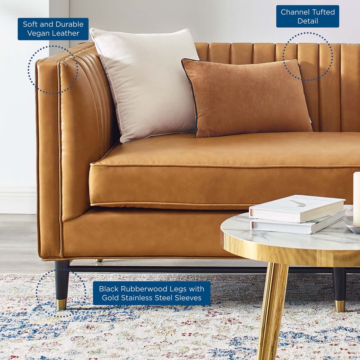 75 - Inch Devote Channel Tufted Vegan Leather Loveseat in Tan - Loveseats available at Alpine Outlets in Denver