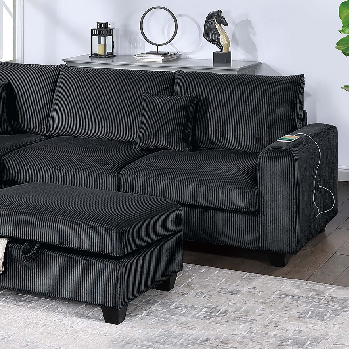 Modern Style Sectional Set With USB Port, Storage Ottoman