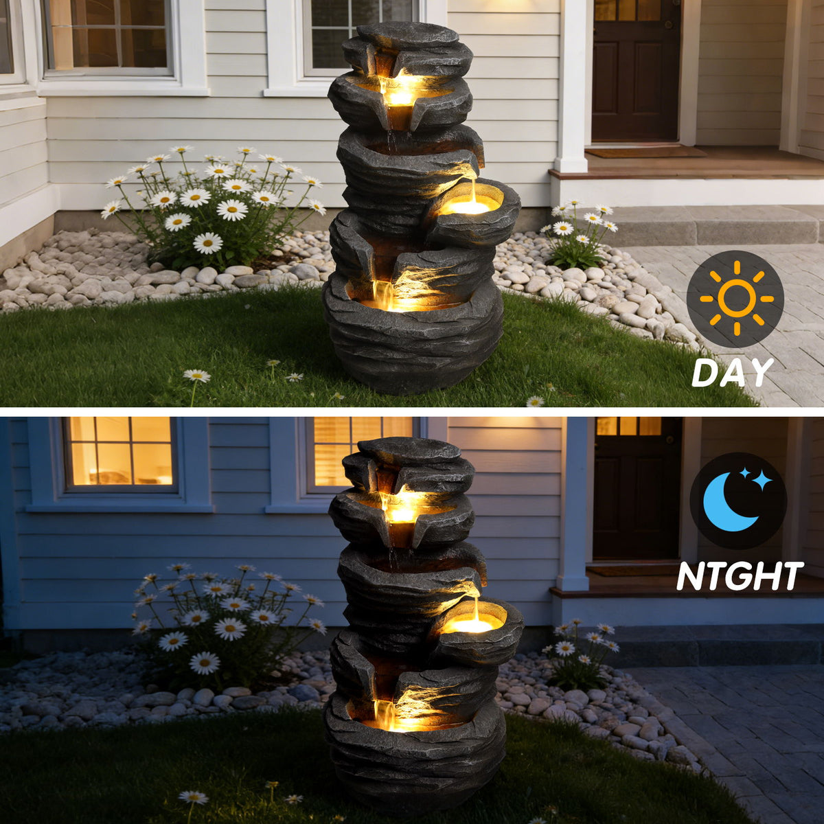 Outdoor Waterfall Fountain With LED Lights For Patio - Gray