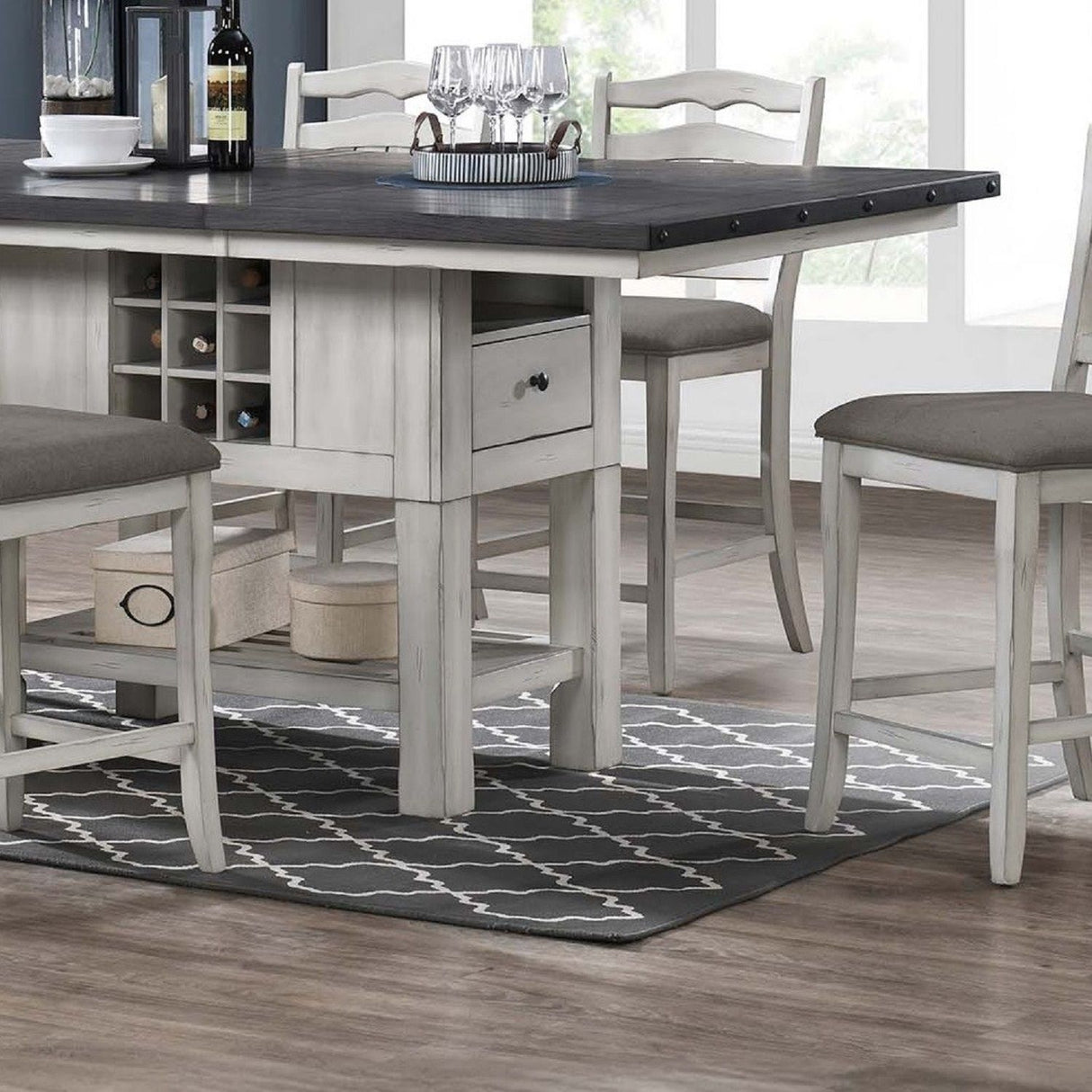 Counter Height Dining Table With 2 Leaves, Under Table Storage - Antique White / Gray