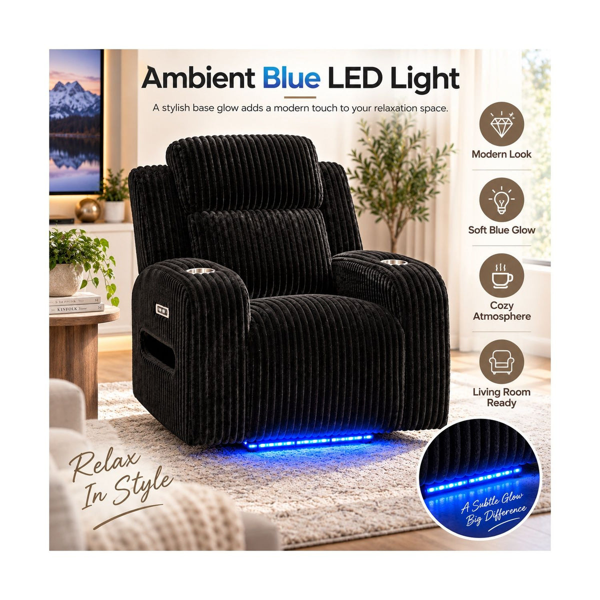 Power Recliner With Cup Holders And Ambient LED Lighting - Black