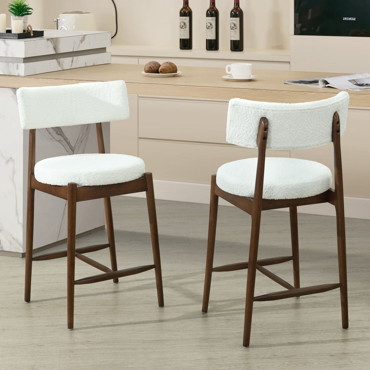 Mid Century Modern Counter Stools, Fabric Upholstered Chairs