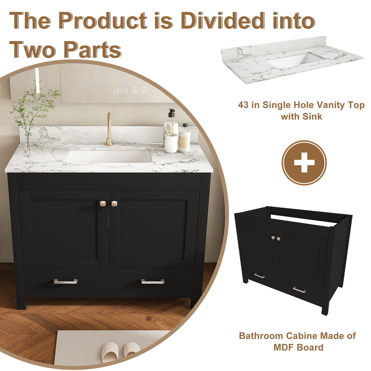Bathroom Vanity Set, Fluted Cabinet, Soft Close Doors & Drawers, Single Faucet Hole, Sink Included - Black