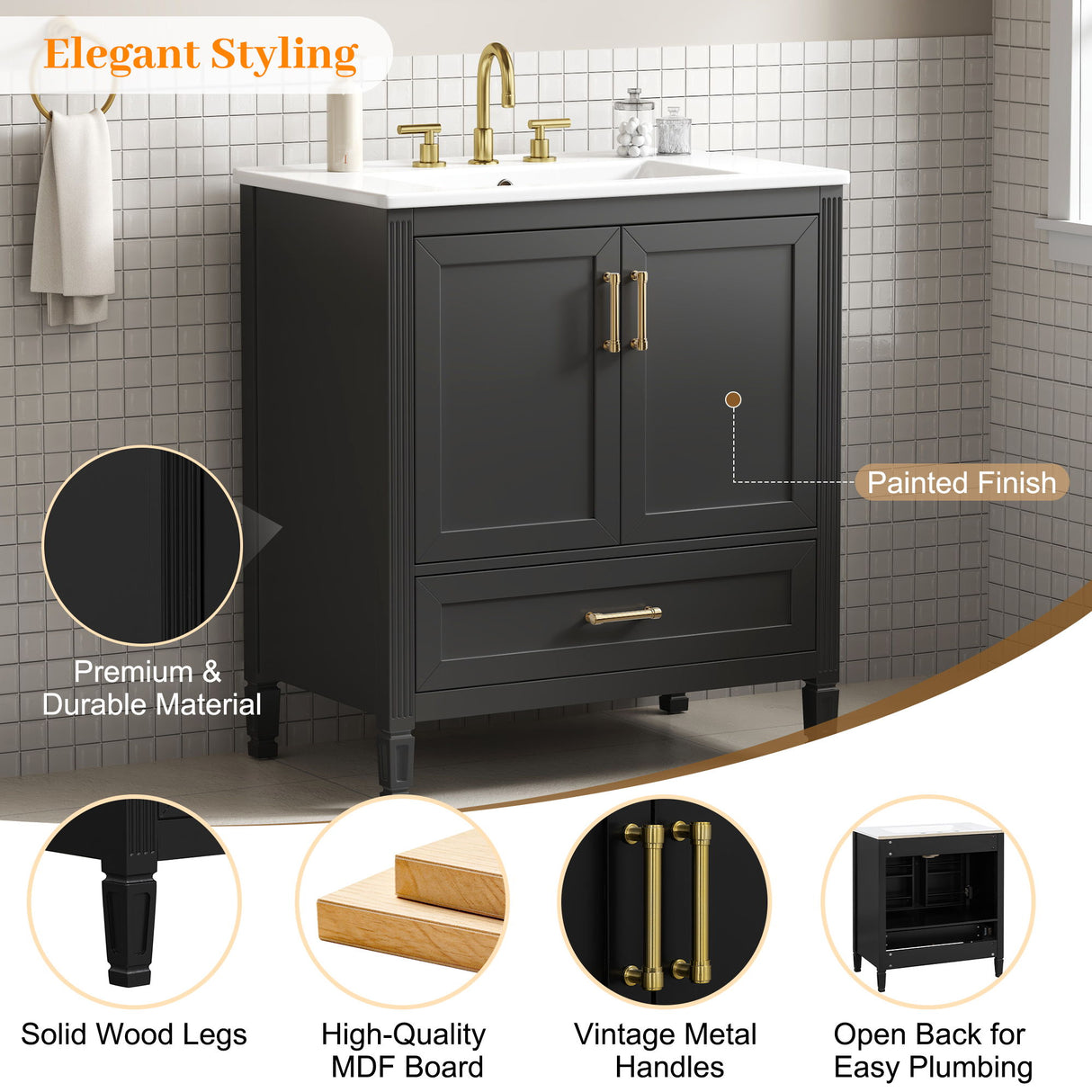Elegant Fluted Bathroom Vanity With Sink, Soft Close Doors & Drawer