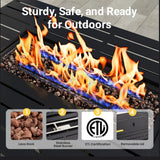 Outdoor 2 In 1 Gas Fire Pit Table With Lid & Glass Shield, Stainless Burner, Lava Rock, Rectangular Design - Black