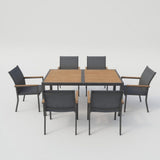 7 Piece Gray Aluminum Patio Dining Set With Textilene Chairs For Outdoor Living Frame With Accents, 59" Rectangle Table, All Weather Durable