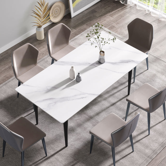 70.87" Modern Artificial Stone White Straight Edge Black Metal Leg Dining Table, Can Accommodate 6-8 People - White / Black - Dining Tables - Alpine Outlets