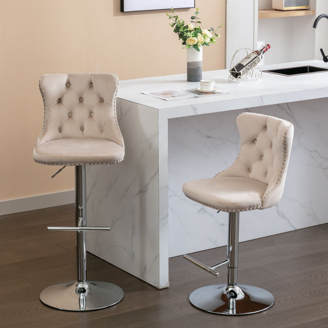 Swivel Velvet Barstools Adjusatble Seat Height From 25-33", Modern Upholstered Chrome Base Bar Stools With Backs Comfortable Tufted For Home Pub And Kitchen Island (Set of 2) - Stool Sets - Alpine Outlets