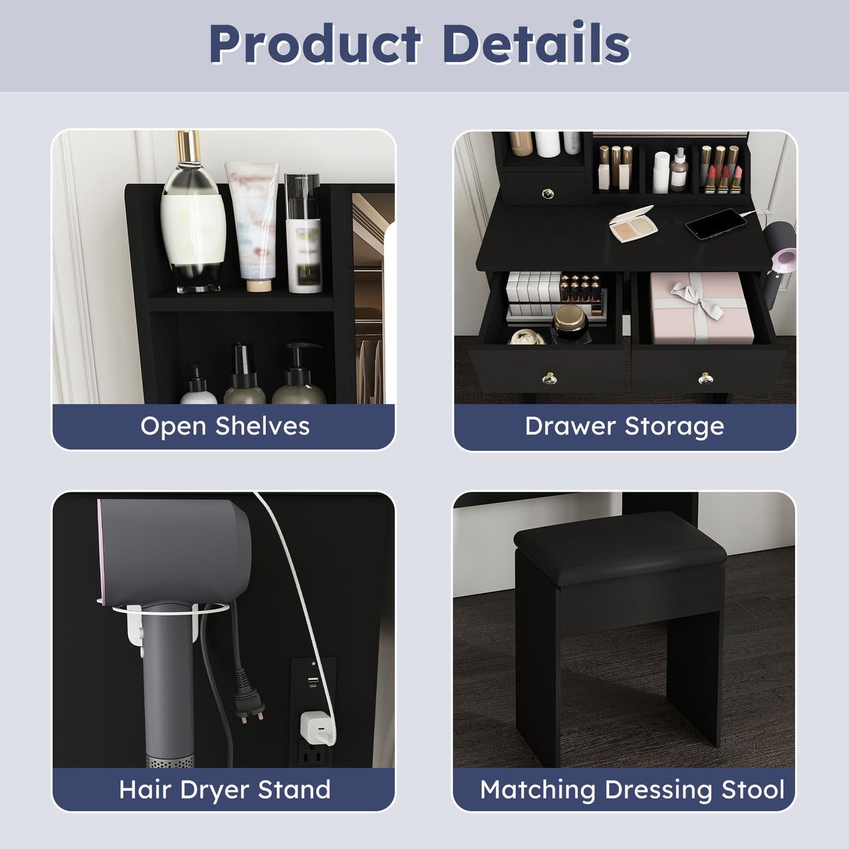 Modern Small Vanity Desk With 3 LED Lighting Modes, 3 Drawers