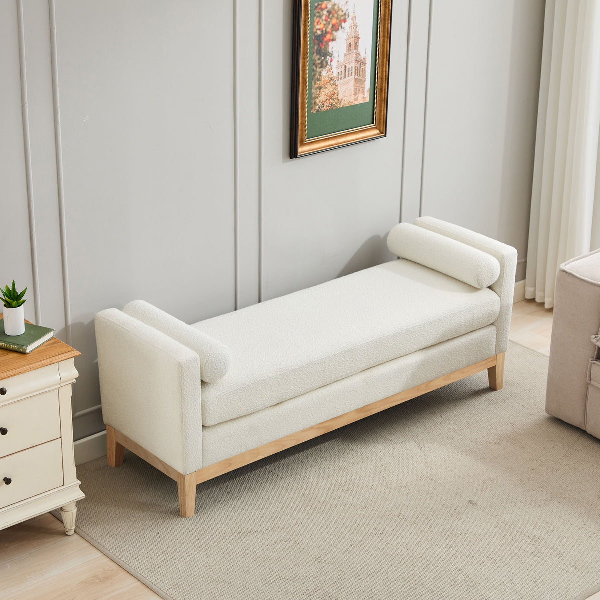 Upholstered End Of Bed Bench With Arms & 2 Bolsters For Bedroom
