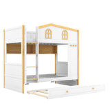 Bunk Bed With House Shaped Guardrails, Storage Shelves, And Trundle