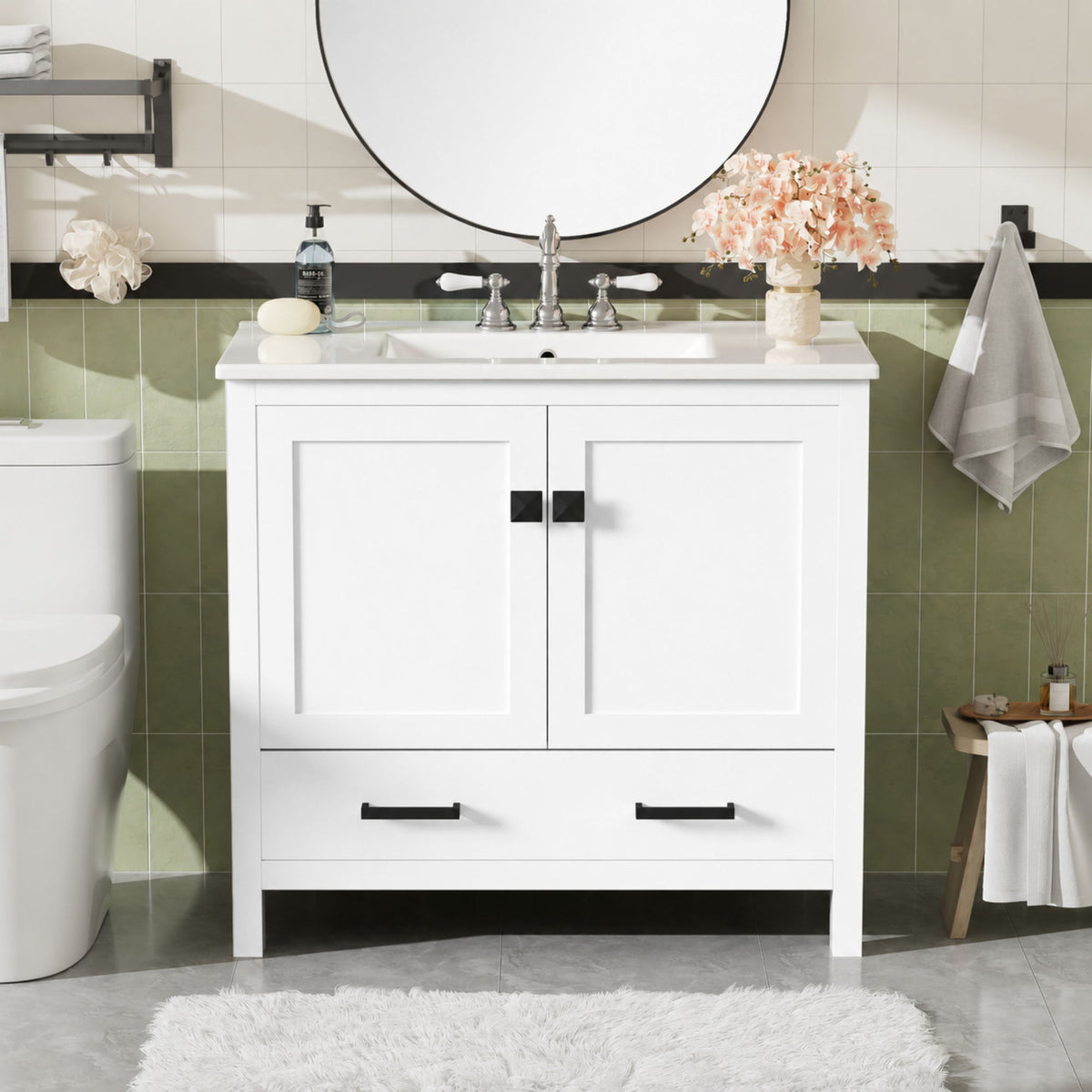 Bathroom Vanity With Sink, Soft Close Doors, Double Shelves & Divided Drawer