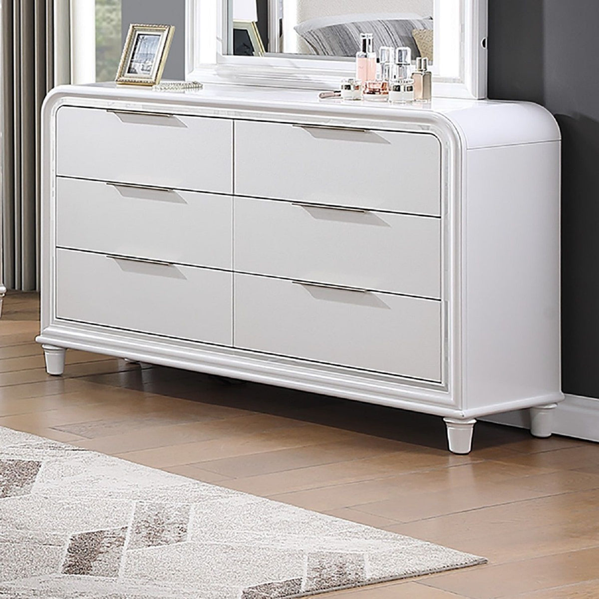 Pearl Dresser With Mirror 6 Drawers Spacious Storage - White