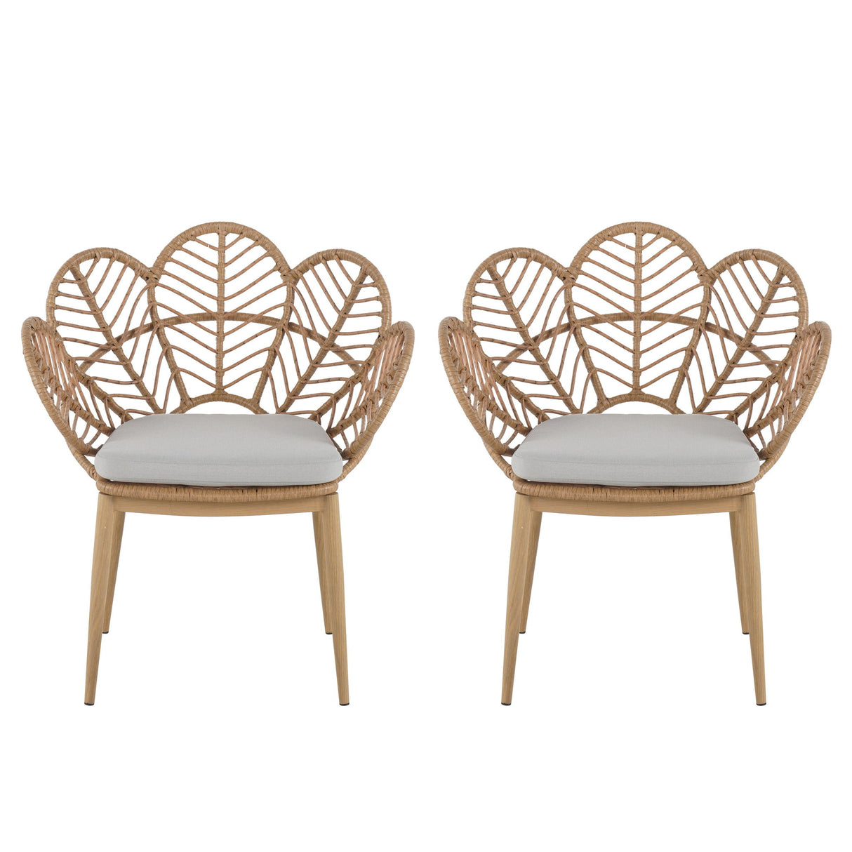 Kirk - Outdoor Wicker Peacock Shape Papasan Style Chair, Teak Finished Leg (Set of 2) - Beige / Light Brown / Light Teak