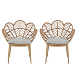 Kirk - Outdoor Wicker Peacock Shape Papasan Style Chair, Teak Finished Leg (Set of 2) - Beige / Light Brown / Light Teak