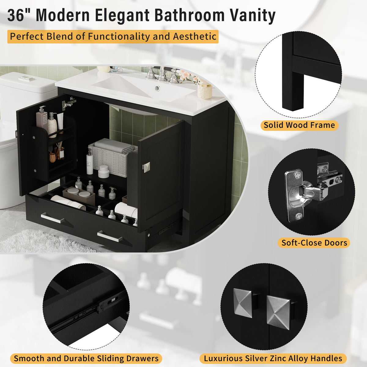 Bathroom Vanity With Sink, Soft Close Doors, Double Shelves & Divided Drawer