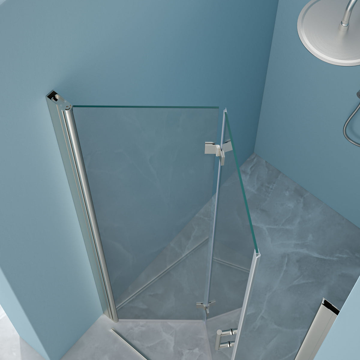 Bi Fold Frameless Shower Door With Tempered Glass - Brushed Silver
