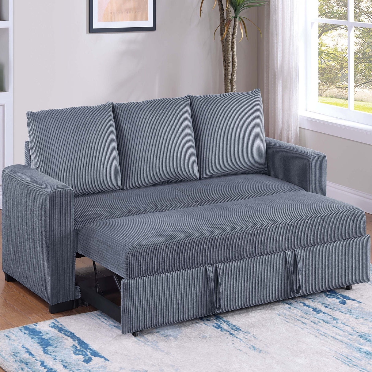 Convertible Sleeper Sofa With Pull Out Bed, Upholstery, Square Arms - Dark Gray