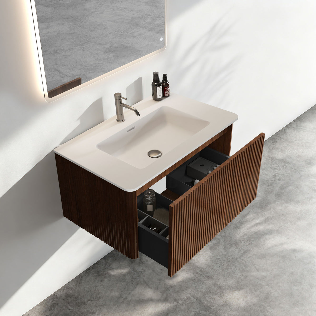 Etna - Striped Bathroom Vanity With Ceramic Sink, Wall Mounted Floating Bathroom Vanity For Modern Bathroom