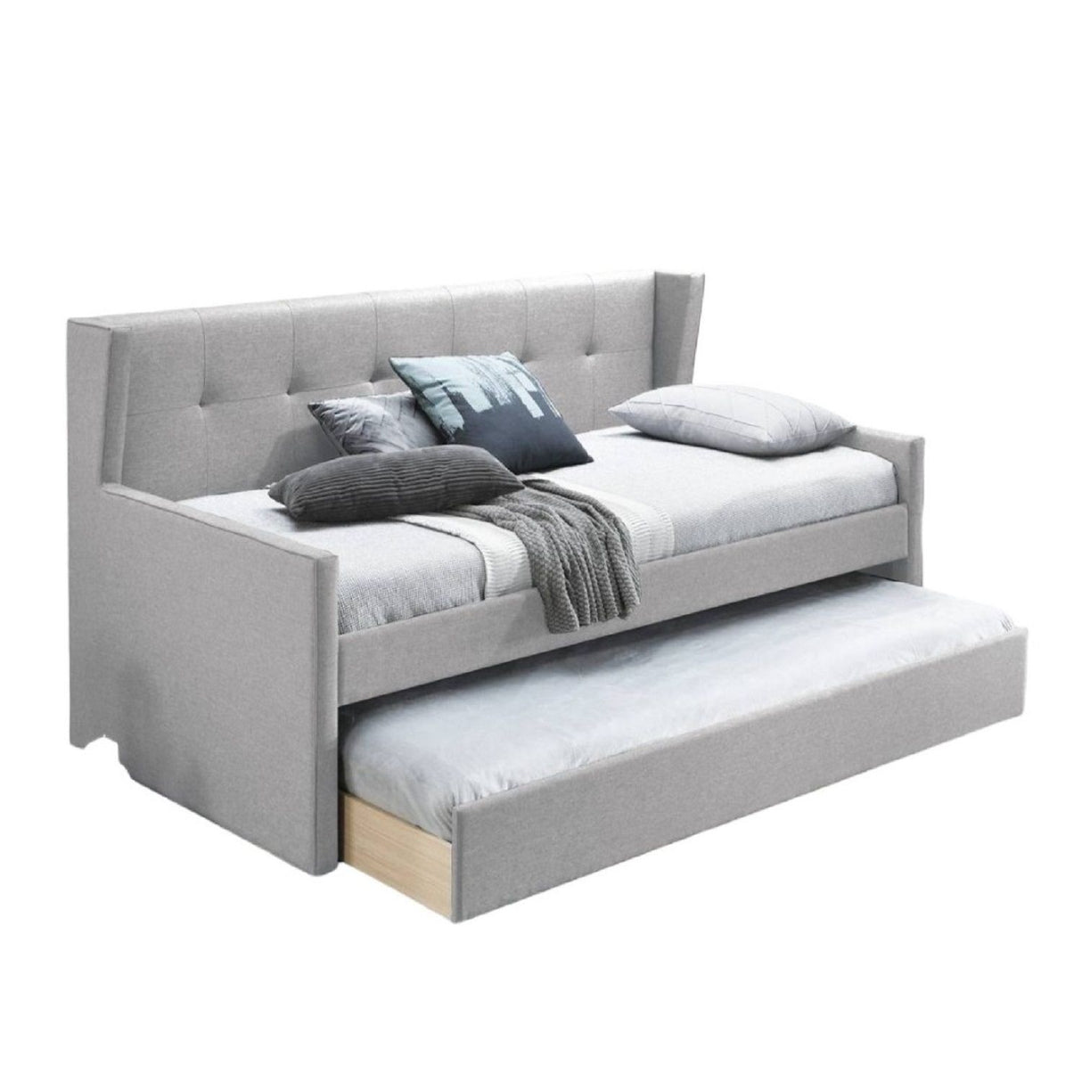 Daybed With Slat Trundle, Button Tufted - Light Gray