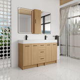 Double Sink Bathroom Vanity Set With Tall Linen Cabinet, 3 Drawers, Extra Large Storage, Integrated Sink, Freestanding Cabinet - Light Oak / White