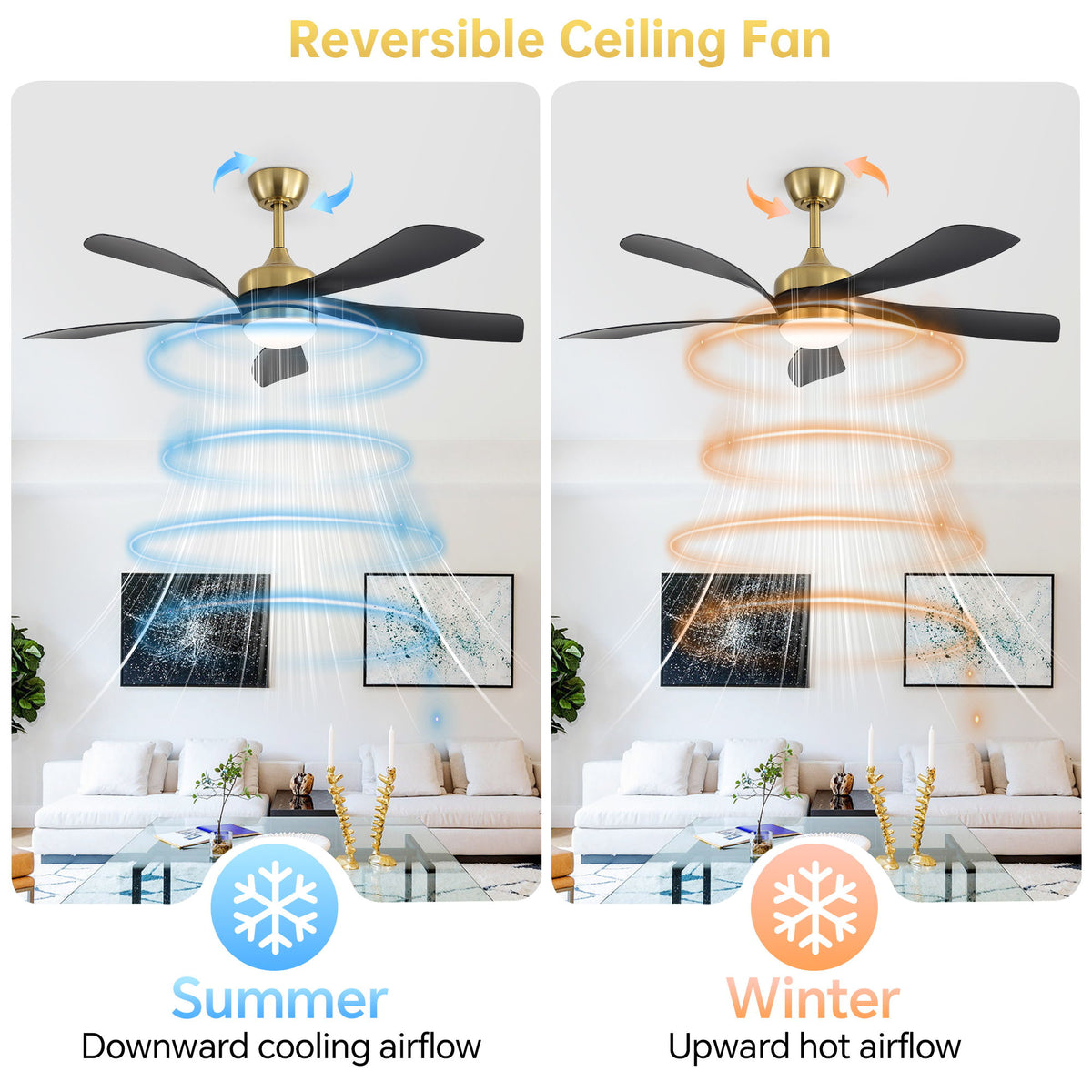 52" Indoor Ceiling Fan With 3 Color Dimmable LED Light Blades, Reversible DC Motor, Remote Control