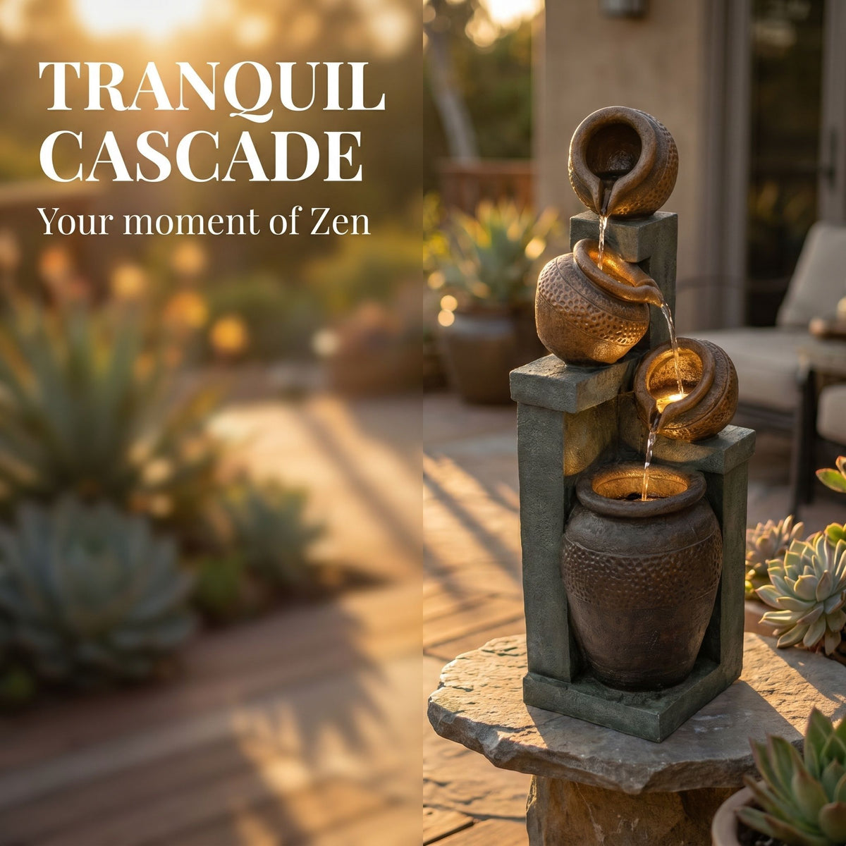 4 Tier Outdoor Water Fountain With Warm LED Lights For Patio - Brown / Tan