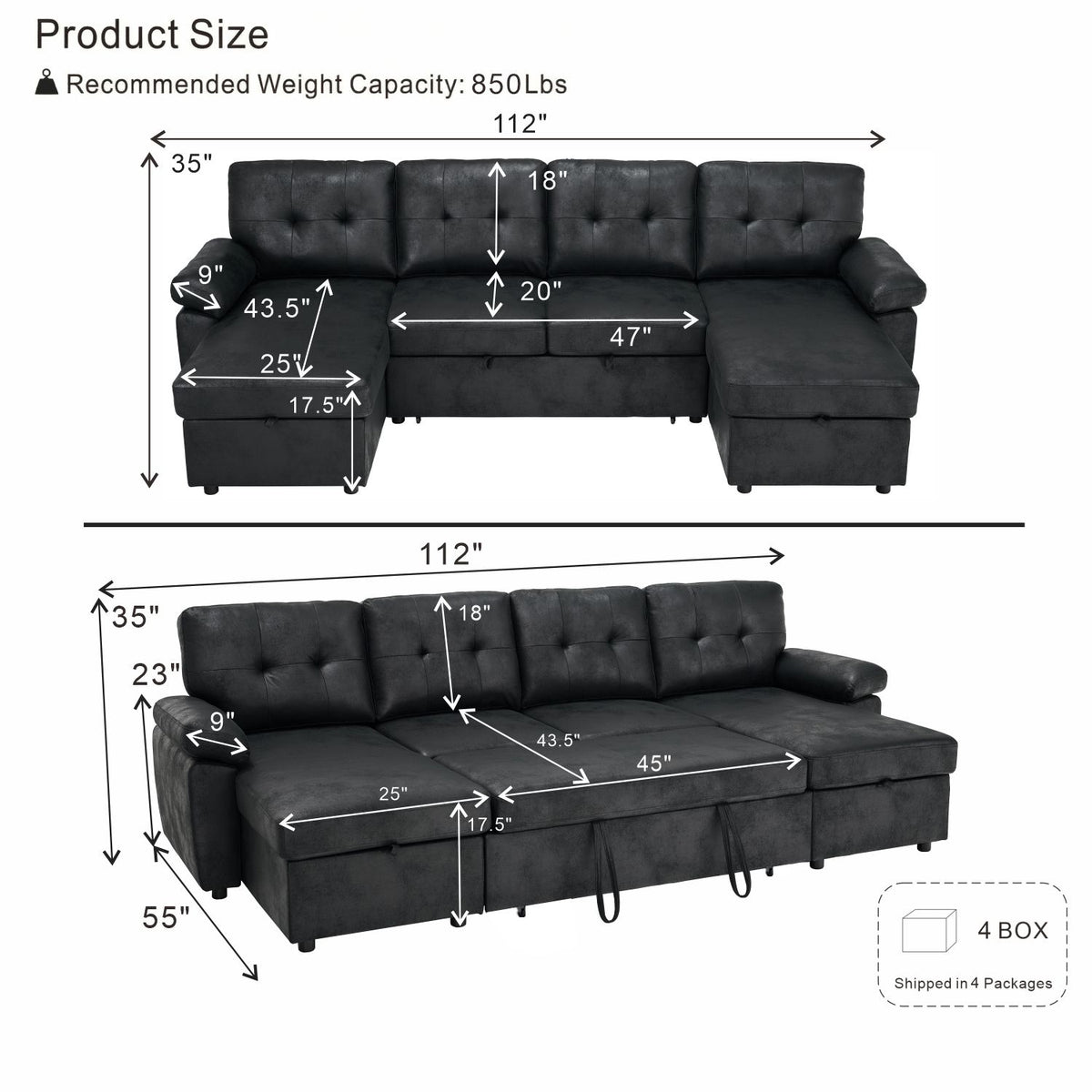 Convertible Sectional Sofa Bed With Pull Out Sleeper And Storage