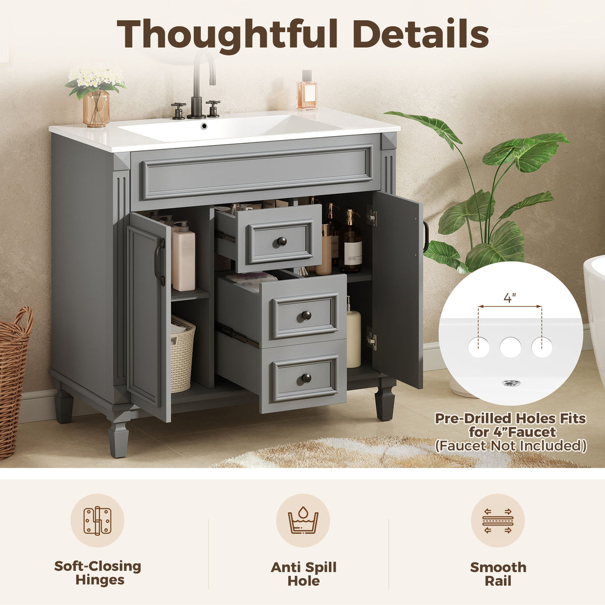 Bathroom Vanity With Top Sink, Cabinet With 2 Soft Closing Doors And Drawers