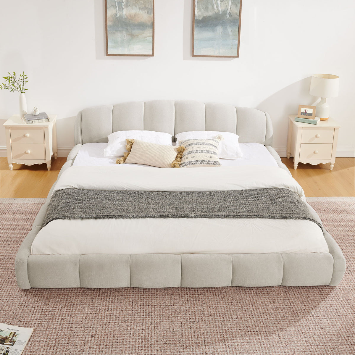Upholstered Platform Bed Frame, Low Profile Floor Bed, No Box Spring Required