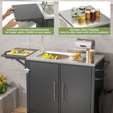 Outdoor Grill Table With Sink, Worktable Kitchen Cabinet Island With Wheels & Foldable Top - Black