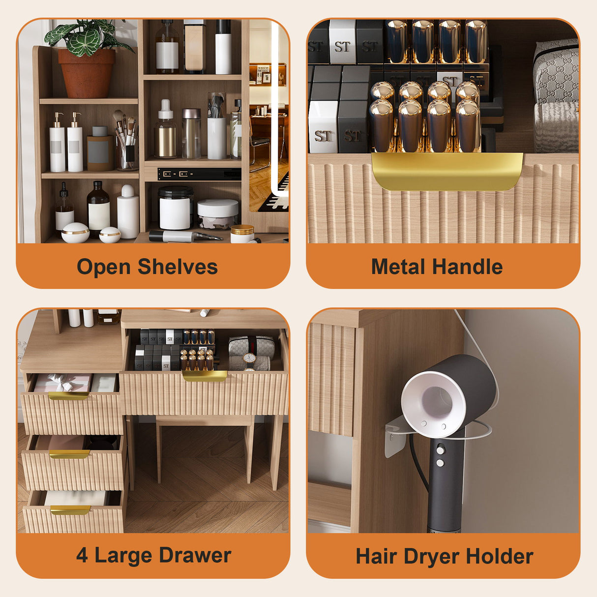 Modern Vanity Desk With 3 LED Lighting Modes, 4 Drawers