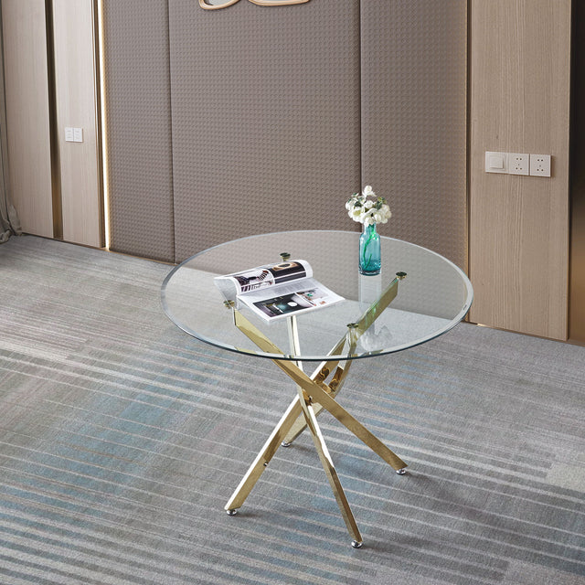 Contemporary Round Clear Dining Tempered Glass Table With Gold Finish Stainless Steel Legs - Gold - Dining Tables - Alpine Outlets