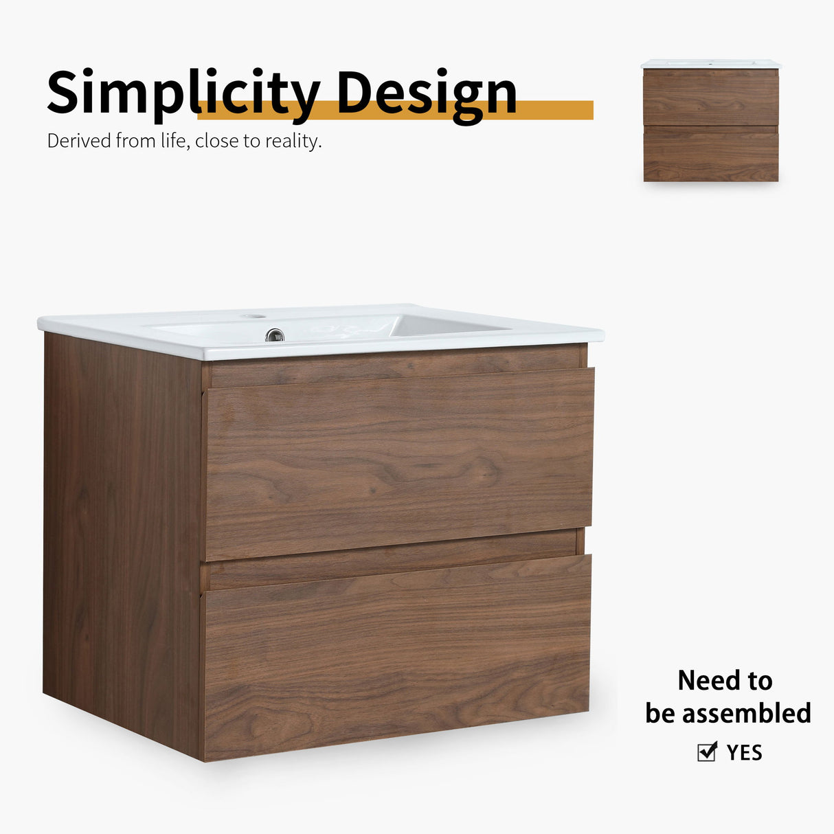 Wall Mounted Bathroom Vanity & Sink, 2 Soft Close Drawers