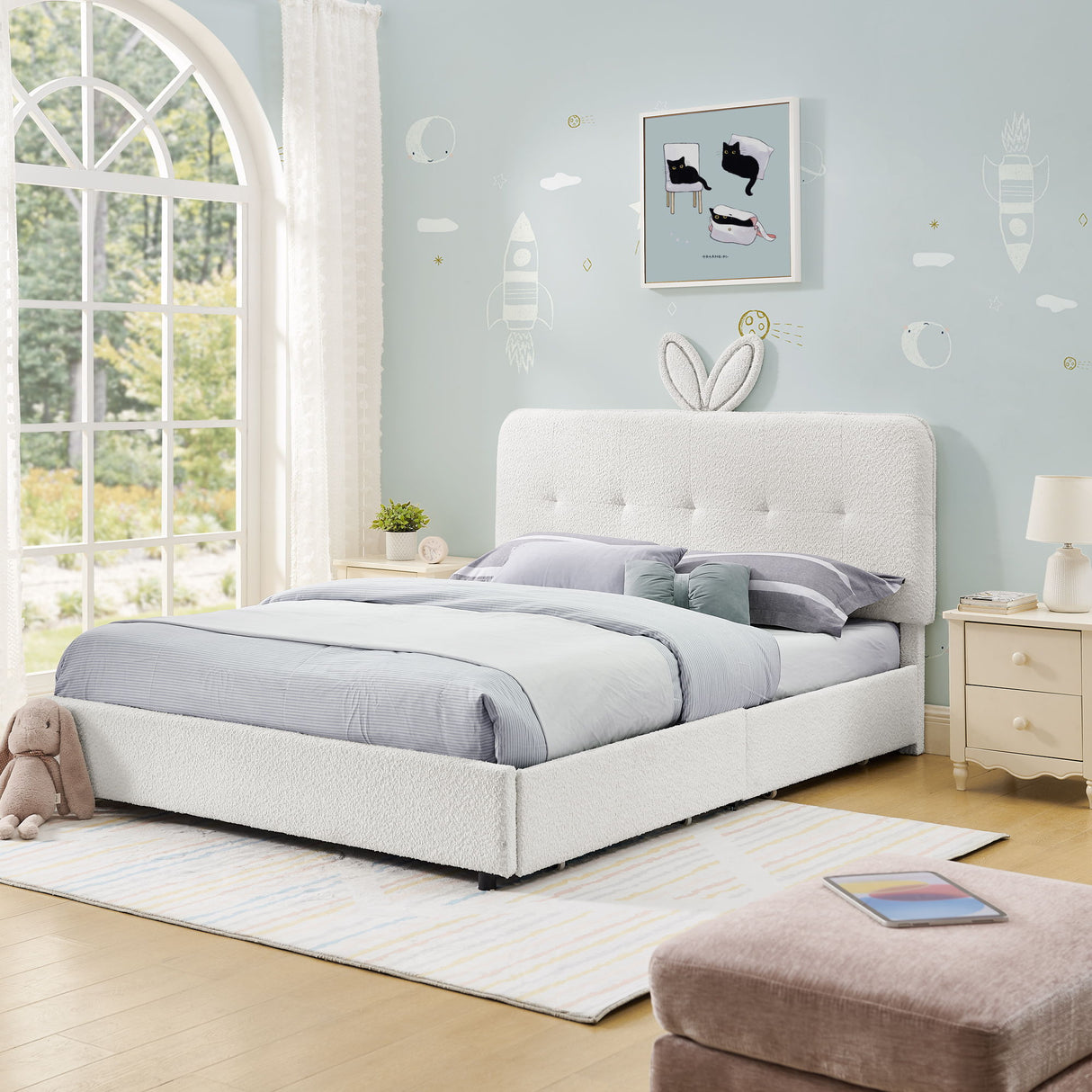 Upholstered Bed With Oversized Rabbit Ear Headboard, LED Lights & 4 Storage Drawers
