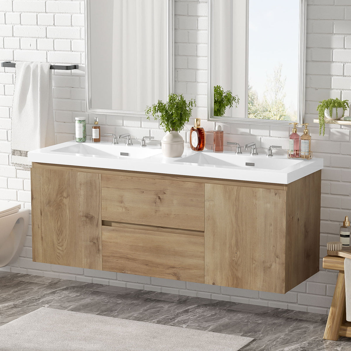 Double Sink Bathroom Vanity, Cabinet & Soft Close Doors, Divided Drawers, Wall Mounted Storage - Wood