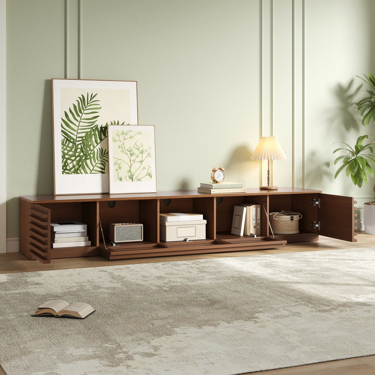 TV Stand, Entertainment Center With Cable Management And Soft Closing Hinges - Walnut