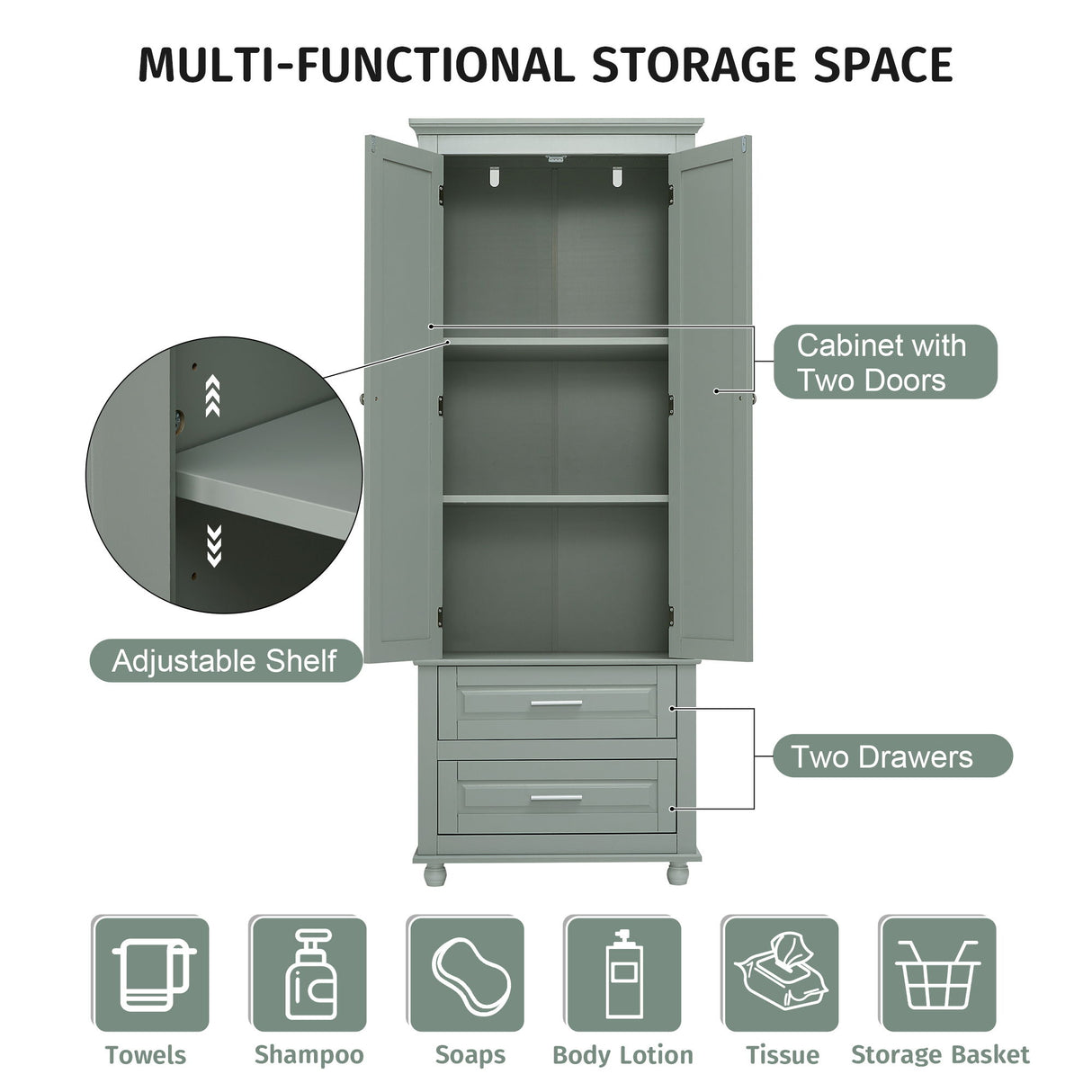 Tall Storage Cabinet With 2 Drawers For Bathroom