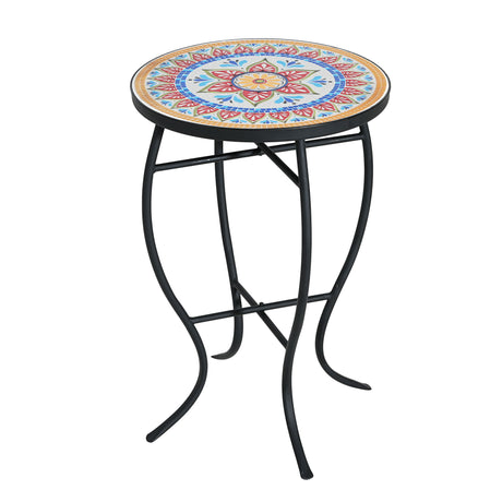 Outdoor Round Side Table With Mosaic Style Top And Curved Iron Legs