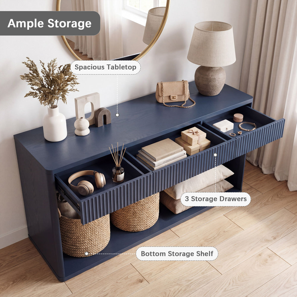 Fluted Console Table With 3 Drawers, Long Sofa Table Behind Couch For Living Room